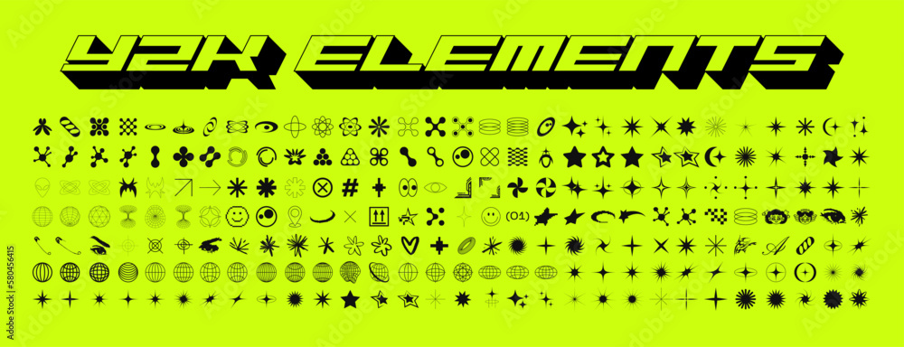y2k retro elements. Abstract shapes and symbols for futuristic