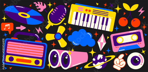 Retro 90s hippie stickers, acid psychedelic groovy elements. Cartoon funky cassettes, synthesizer, vinyl,radio vintage set of hippie style vector elements