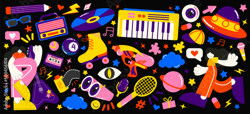 Retro 90s hippie stickers, acid psychedelic groovy elements. Funky style cartoon water gun, emo girls characters, vinyl, vintage set of hippie style vector elements