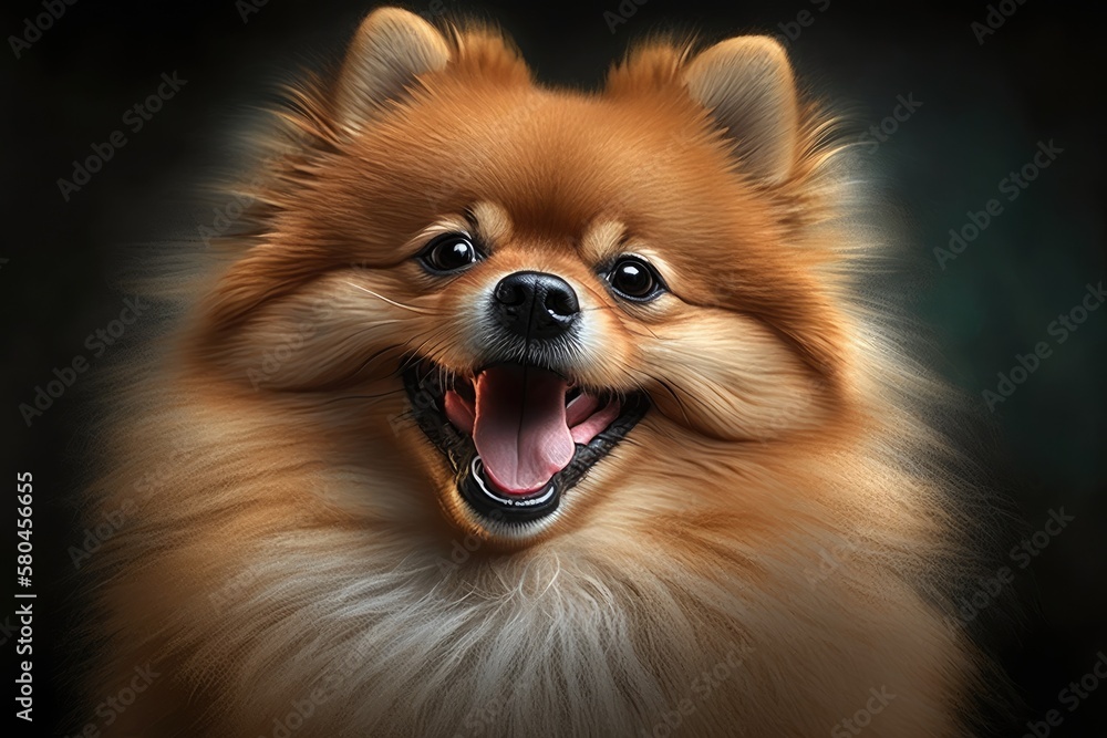Head shot of a happy, panting Pomeranian dog. Generative AI Head shot of a happy, panting Pomeranian dog. Generative AI