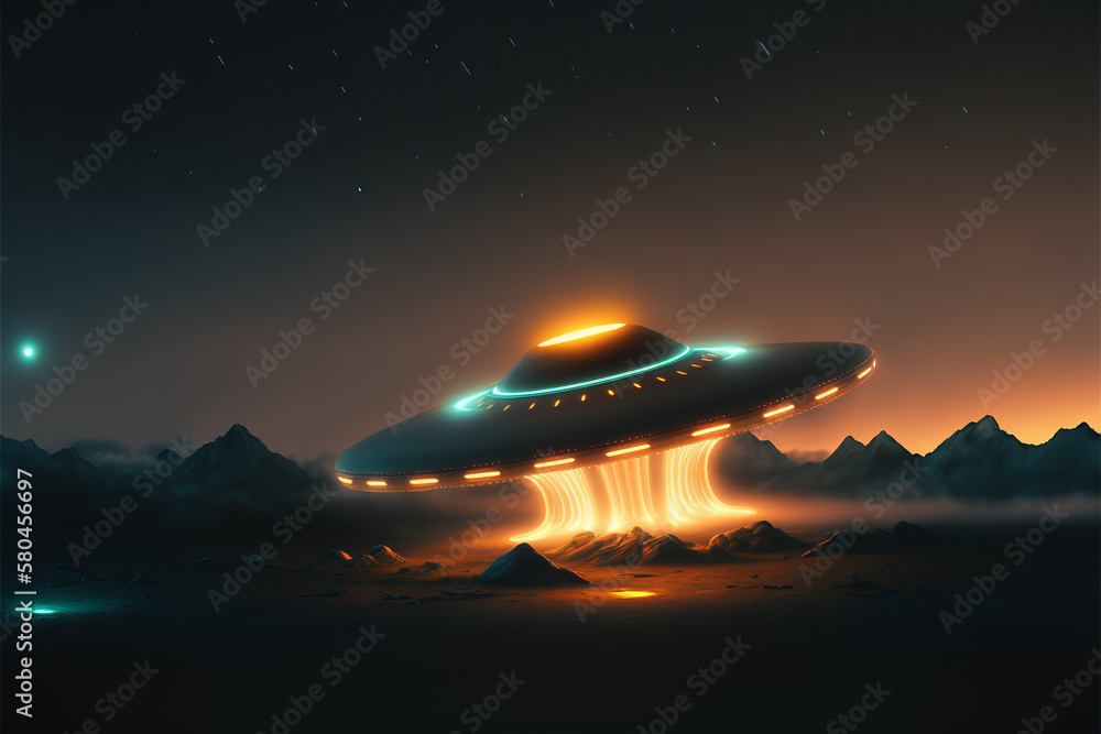 Glowing UFO at night. Rays of light. Glowing UFO at night. Rays of light.