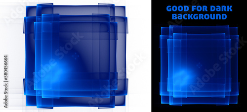 Blue layered translucent square fractal with light flare. Good for black background. PNG raster graphics