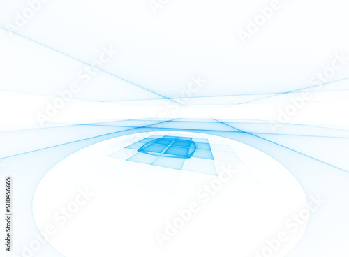 Abstract 3D techno space in perspective with light blue floor by grid. Raster PNG graphics