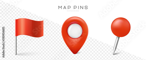 Pin set with shadow. Map marks for gps point. Vector 3d red plastic pushpins or board tacks for paper notice isolated on transparent background
