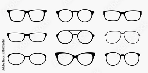Vector glasses model icons. Set of glasses silhouettes. Black sunglasses various shapes isolated on white background