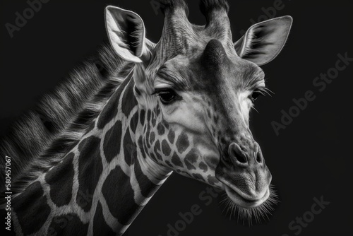 Giraffe on a dark background. Picture in black and white. Generative AI
