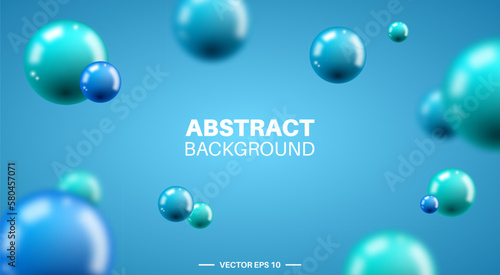 Abstract background of realistic glossy 3d balls, spheres, bubbles. Blue color. Vector EPS 10