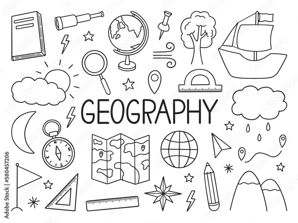 Geography doodle set. Education and study concept. map, globe, ship, compass in sketch style. Hand drawn vector illustration isolated on white background Geography doodle set. Education and study concept. map, globe, ship, compass in sketch style. Hand drawn vector illustration isolated on white background