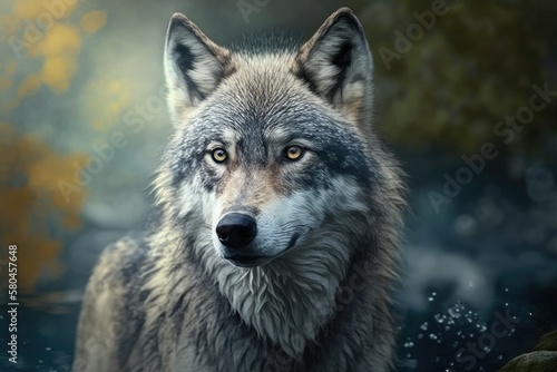 Grey Wolf Portrait an animal kept in a zoo Dawn in a magical forest. Generative AI