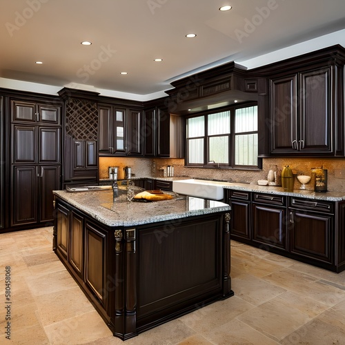 A kitchen with dark wood cabinets and granite countertops3, Generative AI