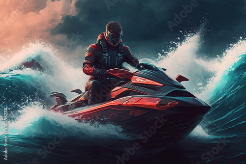 Young man driving a jet ski in rough seas, illustration generative ai