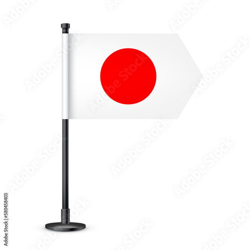 Free Download Realistic Japanese table flag on a black steel pole. Souvenir from Japan. Desk flag made of paper or fabric and shiny metal stand. Mockup for promotion and advertising. Vector illustration - GFXLoad