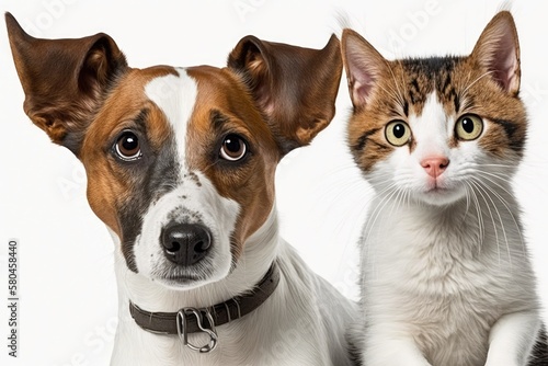 A picture of a cute dog A Jack Russell Terrier and a happy looking cat Scottish Straight  set off against a white background. Generative AI