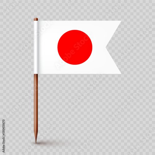 Realistic Japanese toothpick flag. Souvenir from Japan. Wooden toothpick with paper flag. Location mark, map pointer. Blank mockup for advertising and promotions. Vector illustration
