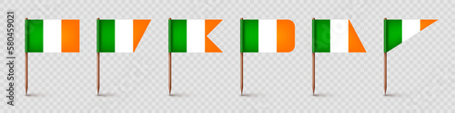 Realistic various Irish toothpick flags. Souvenir from Ireland. Wooden toothpicks with paper flag. Location mark, map pointer. Blank mockup for advertising and promotions. Vector illustration