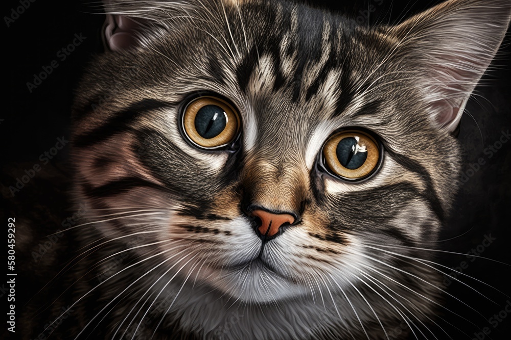 Cute Fluffy Cat with Stripes Looking Up. Big Eyes. Pet Portrait. Animal Photo. Generative AI Cute Fluffy Cat with Stripes Looking Up. Big Eyes. Pet Portrait. Animal Photo. Generative AI