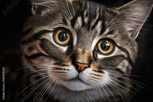 Cute Fluffy Cat with Stripes Looking Up. Big Eyes. Pet Portrait. Animal Photo. Generative AI