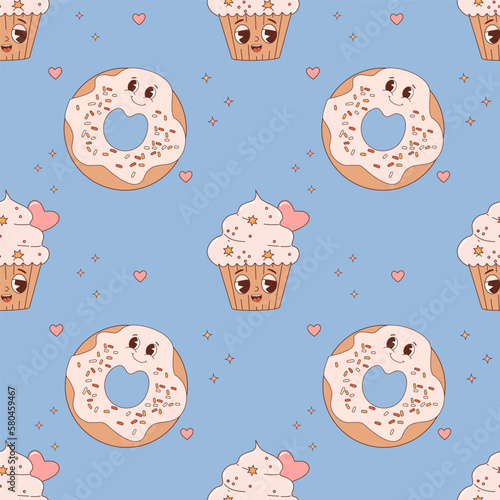 Seamless pattern with pastry characters. cute cartoon donut and cupcake on blue background. Vector Illustration for wallpaper, design, textile, packaging, decor, childrens collection