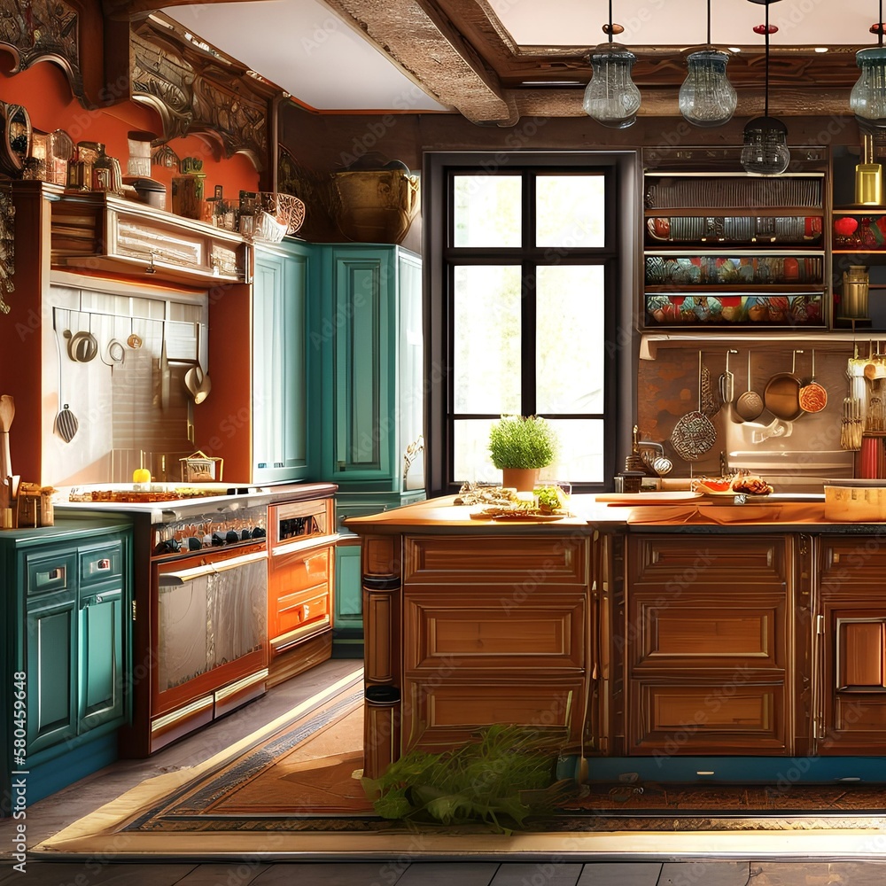 A bohemian kitchen with mismatched cabinets and a beaded curtain1, Generative AI A bohemian kitchen with mismatched cabinets and a beaded curtain1, Generative AI