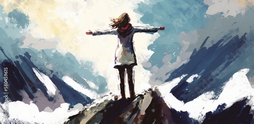 Woman standing on mountaintop with arms outstretched looking up at sky, concept of Freedom and Triumph, created with Generative AI technology photo