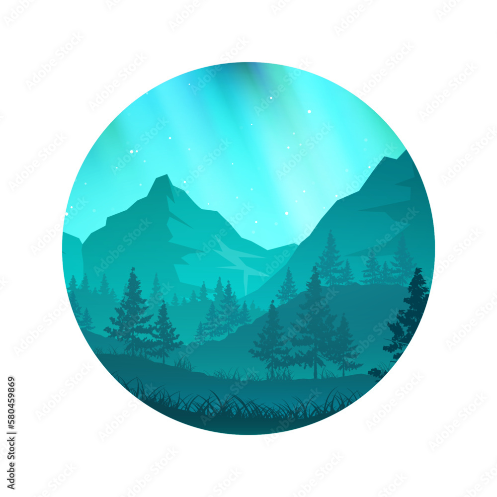 Colorful wild nature landscape, panorama with mountains, hills and forests. Travel and adventure, camping, wildlife. Coniferous trees, bushes and grasses. Vector illustration