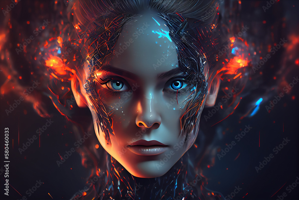 AI. Woman Cyborg head with artificial neural networks brain. Neon cyberpunk word in style 80th. Female robot face with computer artificial intelligence. Electronic Technology banner in 80th cyberpunk