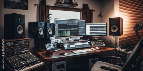 Home recording studio with various instruments microphones and mixing equipment, concept of Audio Mastering, created with Generative AI technology