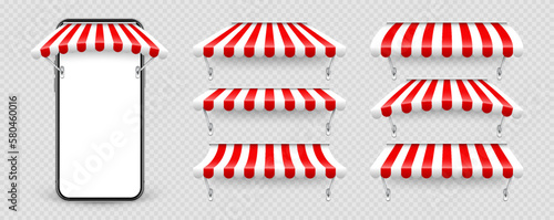 Smartphone with shop sunshade and metal mount, online internet shopping. Realistic red striped cafe awning. Outdoor market tent. Roof canopy. Summer street store. Vector illustration