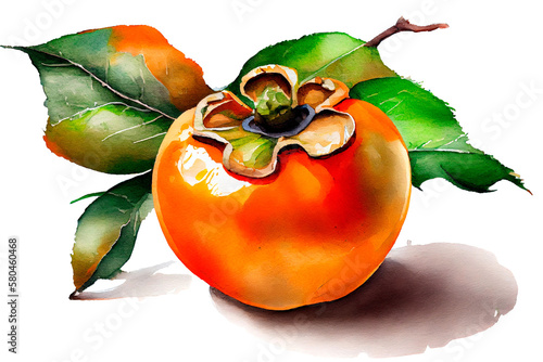 Ripe persimmon with green leaves, watercolor drawing on a white background. Generative AI. photo