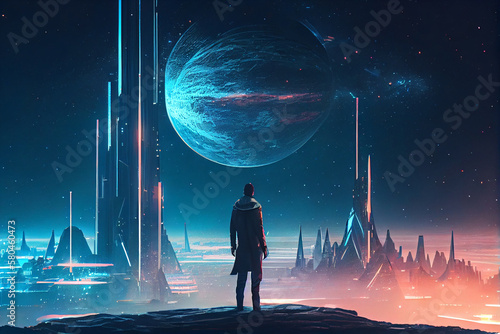 Cyberpunk avenger standing on top of the building and looking at cityscape. man stands on top of futuristic city. Futuristic galaxy city scape. High quality illustration