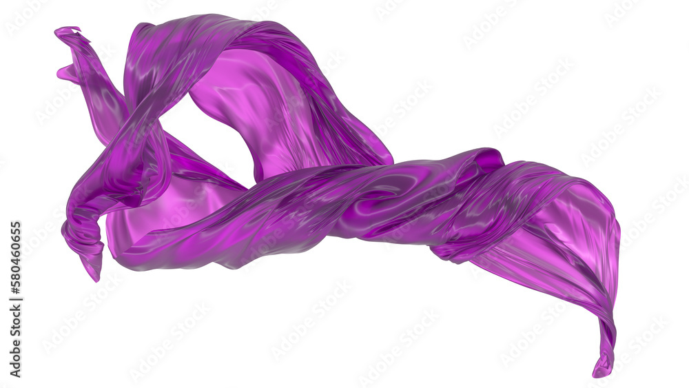 Fototapeta premium Beautiful flowing fabric flying in the wind. Magenta wavy silk or satin. Abstract element for design. 3D rendering image. Image isolated on a white background.