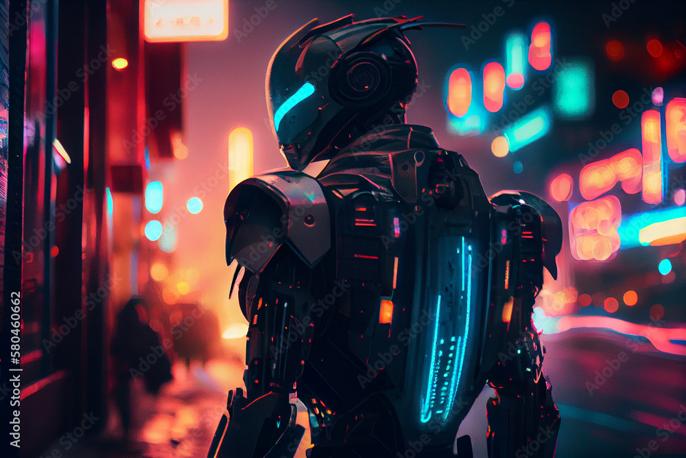 Cyberpunk robot walking down the street evening neon lights. Digital  humanoid patrol digital illustration of science fiction military robot  warrior patrolling night time dystopian streets. Concept art Stock  Illustration | Adobe Stock
