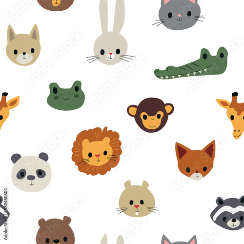 Vector colorful seamless baby pattern, print with different cartoon animals heads leon, monkey, giraffe and koala for children, kids clothes, wear, apparel