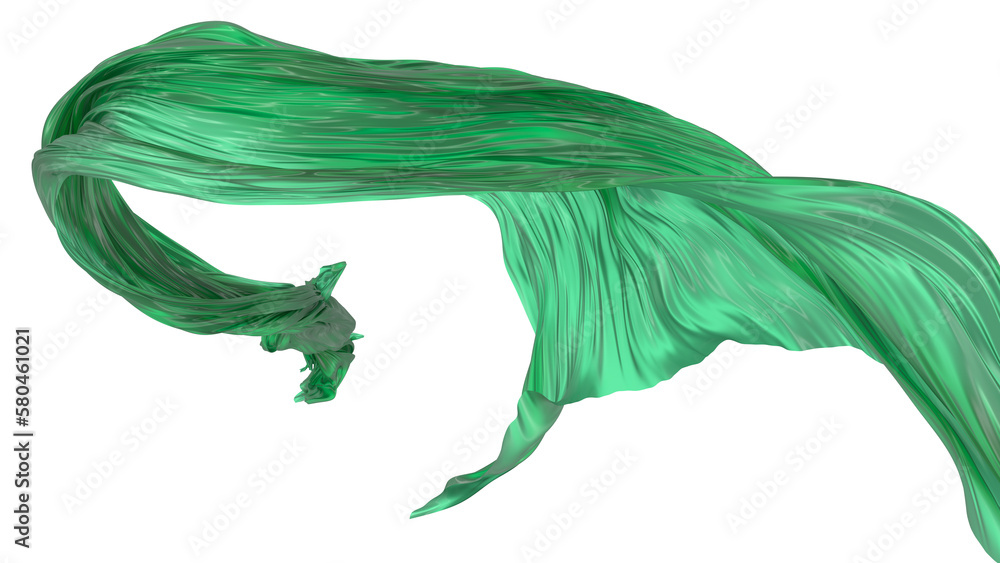Beautiful flowing fabric flying in the wind. Green wavy silk or satin. Abstract element for design. 3D rendering image. Image isolated on a white background.