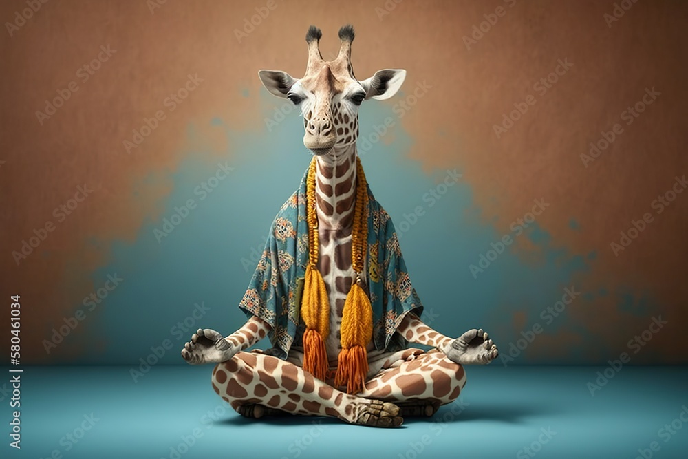 Studio portrait of giraffe in boho clothes doing meditation, created with Generative AI technology - obrazy, fototapety, plakaty 