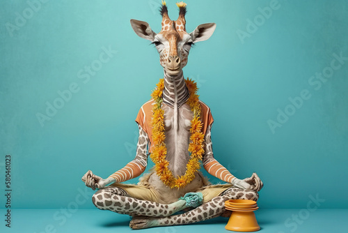 Studio portrait of giraffe in boho clothes doing meditation, created with Generative AI technology