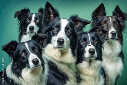 Five border collies looking at the camera against a green and blue background. Generative AI