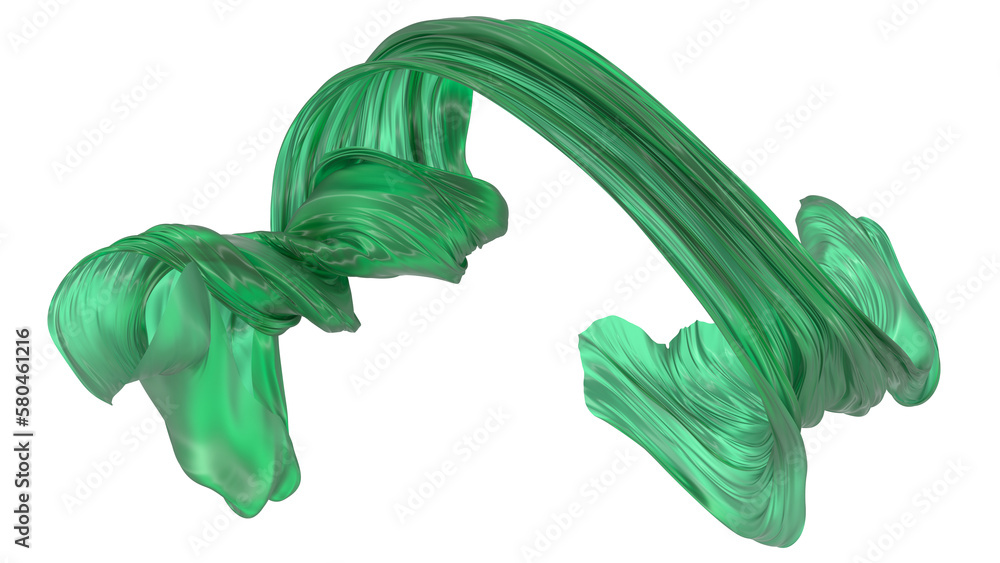 Beautiful flowing fabric flying in the wind. Green wavy silk or satin. Abstract element for design. 3D rendering image. Image isolated on a white background. Beautiful flowing fabric flying in the wind. Green wavy silk or satin. Abstract element for design. 3D rendering image. Image isolated on a white background.