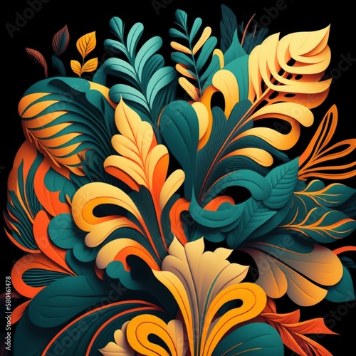 symmetrical art design tropical plants seamless texture. paper cut application.