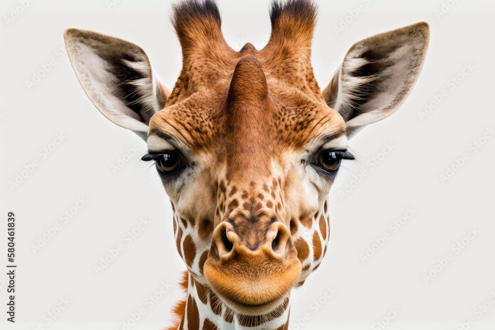 Fototapeta premium Clipping path of a small giraffe face on a white background. Generative AI