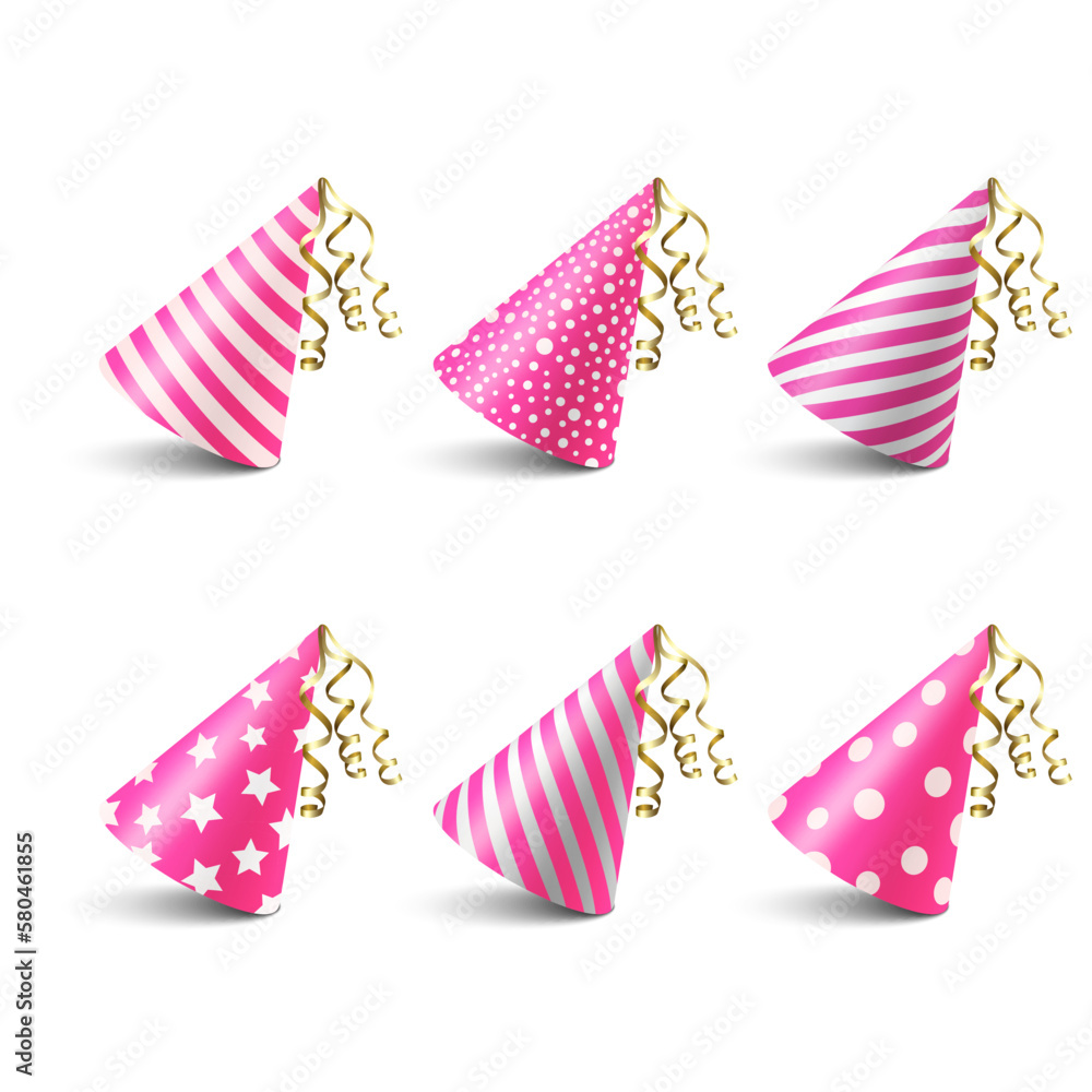 Obraz premium Vector 3d Realistic Pink and White Birthday Party Hat Icon Set Isolated on White Background. Party Cap Design Template for Party Banner, Greeting Card. Holiday Hats, Cone Shape, Front View