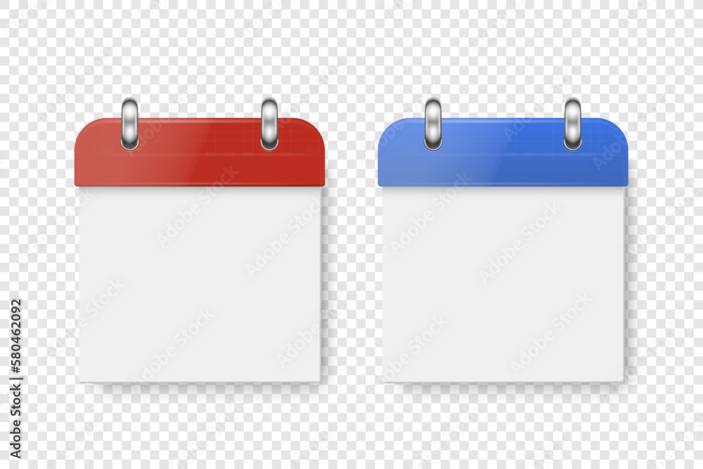 Vector 3d Realistic Paper Classic Simple Minimalistic Red and Blue Calendar Icon Set Closeup Isolated on White Background. Design Template for Holiday Card, Banner, Wall Calendar