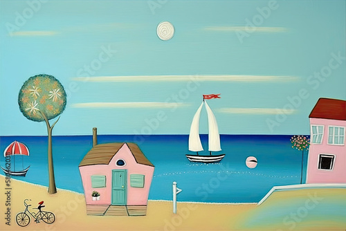 house on the beach, naive art, generative ai illustration photo
