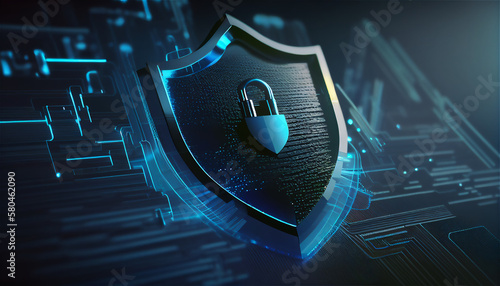 A cyber security illustration with a padlock, black and blue