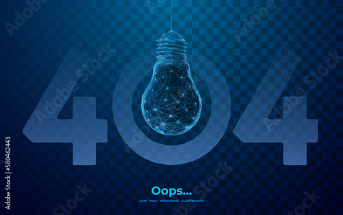 404 error page not found banner. Broken light bulb. Oops... Not found concept. Abstract digital low poly wireframe vector illustration. Website development, programming or web design element.