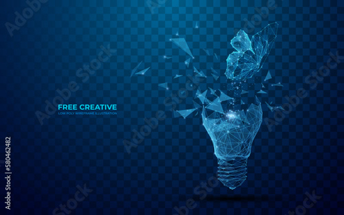 Digital butterfly flies out of a broken light bulb. Flight of fantasy or free creative concept in polygons and lines on transparent background. Isolated 3D Vector illustration in technology blue. 