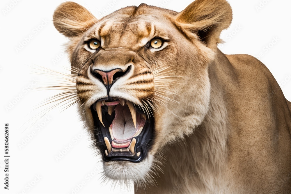 Fototapeta premium Close up of a roaring lioness, Panthera leo, 10 years old, on a white background. Generative AI