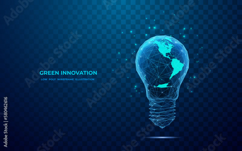 Earth inside a light bulb. Abstract Western hemisphere in blue. Digital Globe in polygon, lines and transparent shapes on dark background. Vector low poly wireframe illustration.