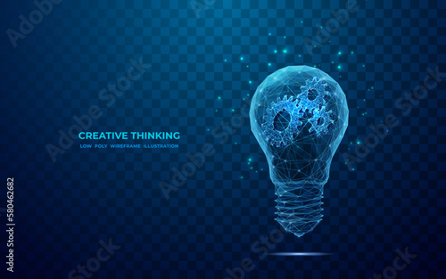 Abstract blue light bulb and cog wheels. Creative Thinking or Business Innovation concept. Digital gears inside polygonal lightbulb in polygons and lines. Technology 3D vector illustration.