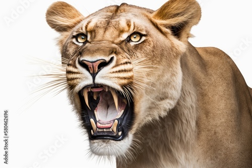 Close up of a roaring lioness  Panthera leo  10 years old  on a white background. Generative AI